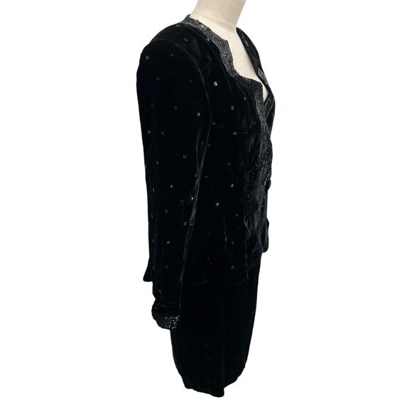 Vintage Magali Collection Black Velvet Sequin Skirt Suit Jacket Size 4 - Picture 6 of 15